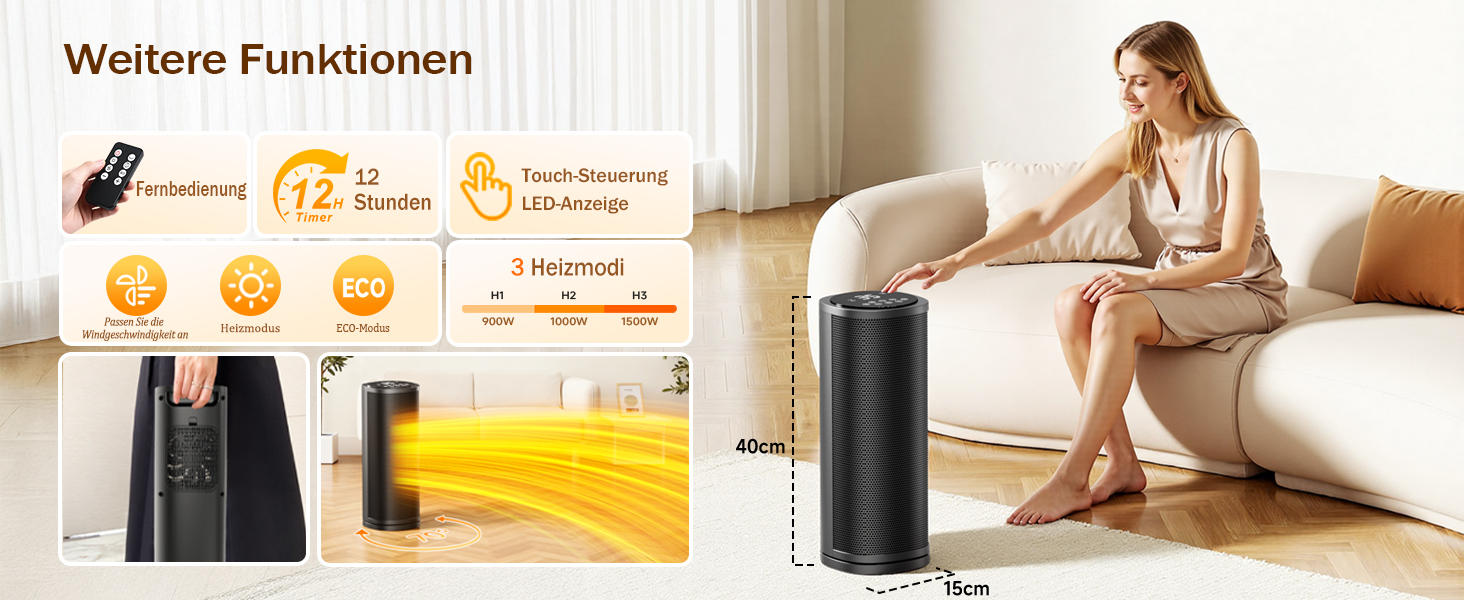 Електричний обігрівач 1800W з пультом керування, 41 см, PTC керамічний, тихий, 70° осциляція, таймер 12h, захист від перегріву, для спальні, дому, чорний