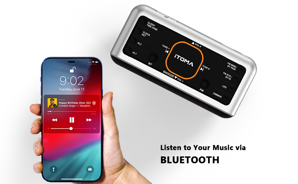 iTOMA радіобудильник з Bluetooth, FM-радіо, App-керуванням, подвійним будильником, 4 режимами, димером, нічником, USB-зарядкою, модель CKS208