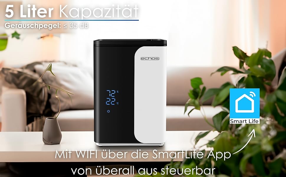 Ультразвуковий зволожувач повітря 5 л з Wi-Fi, керуванням через додаток Smart Life, пульт дистанційного керування, функція очищення повітря, вбудований гігрометр, LED-дисплей, таймер 12h, нічний режим, функція теплого/холодного пару, HEPA-фільтр