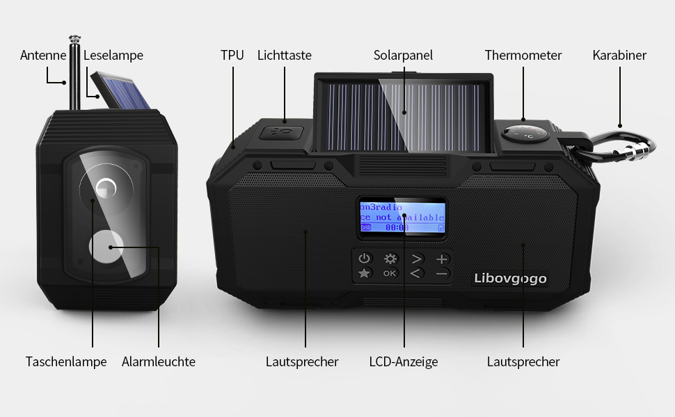 Портативне радіо Libovgogo DF-588D DAB+ FM з Bluetooth, водонепроникний корпус, сонячна панель, Powerbank 4000mAh, ліхтарик, стробоскоп, нічник, будильник