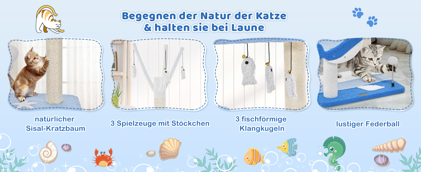 Кігтеточка для котів COSTWAY Ocean-серія з будиночком, гамаком та іграшками, блакитна (59x49x165 см)