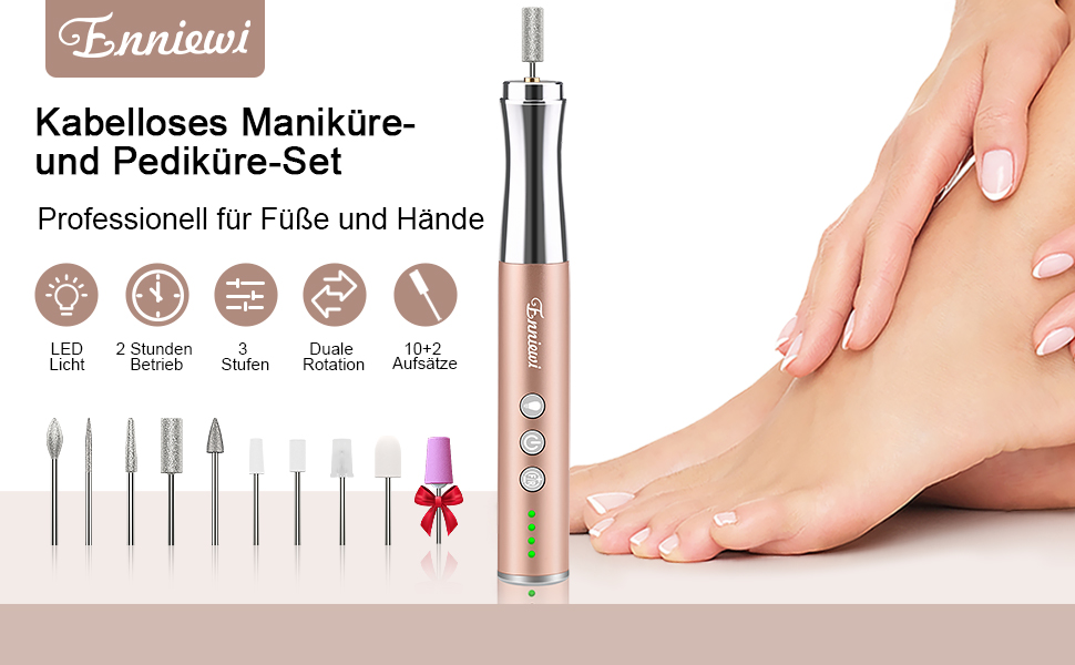 Електричний набір для манікюру та педикюру 13 в 1 Kabellos з підсвічуванням, 25000 об/хв, з пилозбірником, для дому, золото