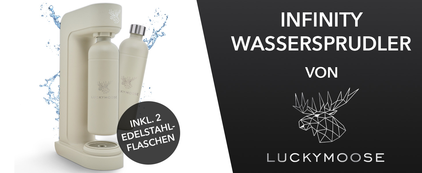 Luckymoose Infinity: Газована вода з 2 пляшками з нержавіючої сталі 1.25л - домашній сифон для газування води, сумісний з CO₂ балонами 60л (колір: пісок)