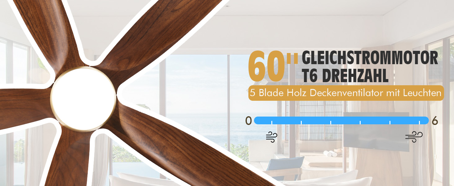 Дзеркальний вентилятор для стелі з дерева, без освітлення, з пультом керування, тихий, для вологого приміщення, 132 см (52 дюйми), коричневий, 5 лопатей