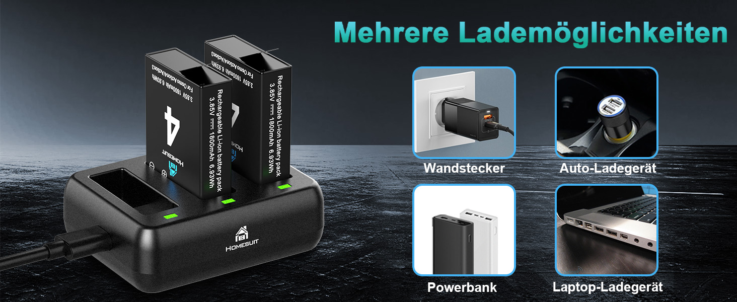 Набір акумуляторів та зарядного пристрою Homesuit для DJI Osmo Action 4/3: 2x акумулятор 1800mAh, Dual USB LED Charger