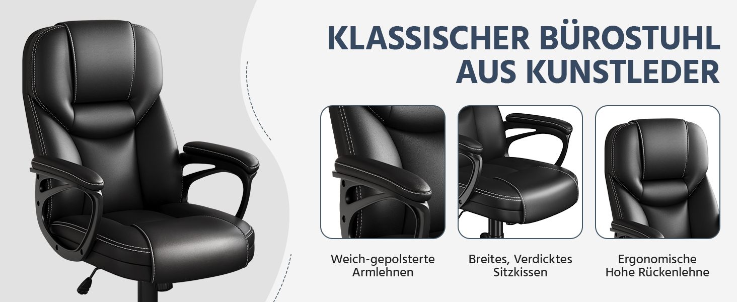 Офісне крісло Yaheetech - зручний комп'ютерний стілець з високою спинкою, регульована висота, штучна шкіра, м'який матеріал, чорний колір