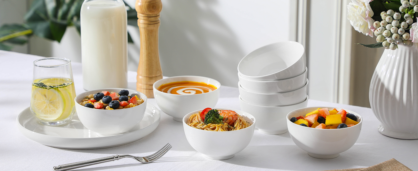 MALACASA Набір з 8 порцелянових мисок для мюслі та супу, 420 мл, кремово-білий, 12.8x12.8x6.5 см