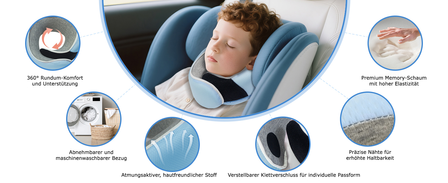 Подушка для шиї Proglobe, 100% Memory Foam, ортопедична, для подорожей (літак, авто, поїзд), з 3D-маскою для сну, сітчаста сумка (світло-блакитна)