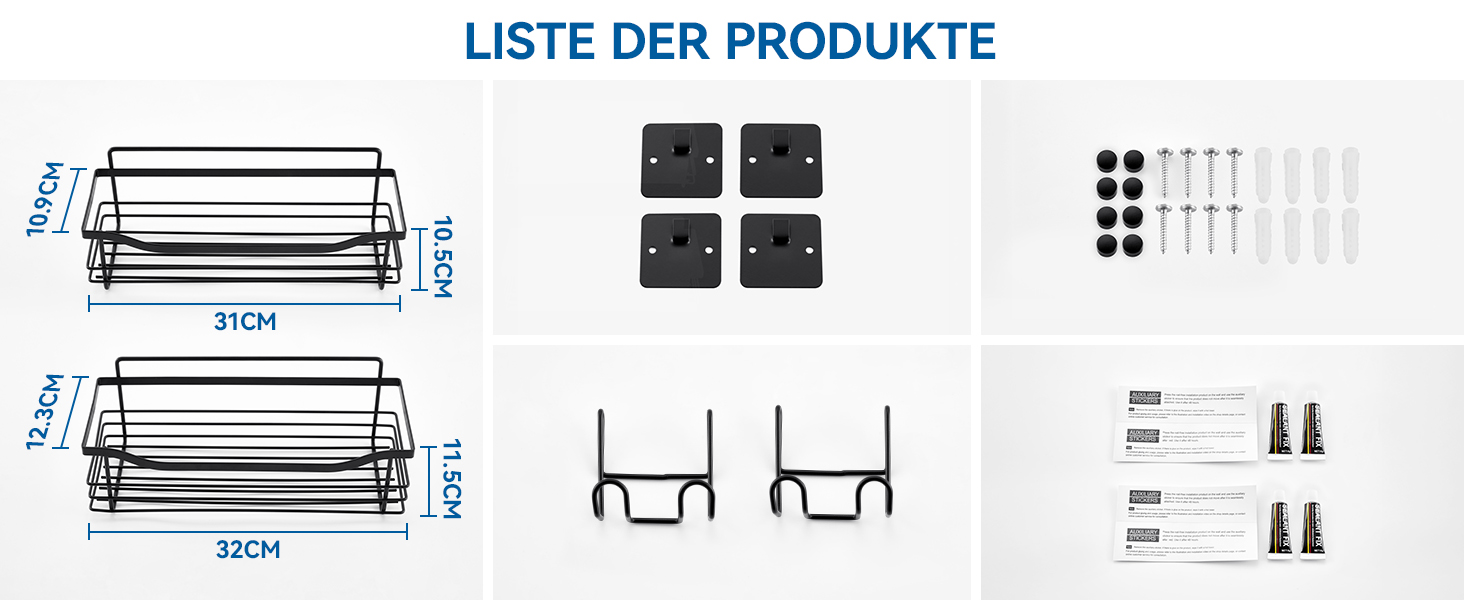 Поличка для душу Auralum без свердління, органайзер для ванної кімнати, 2 шт., чорна сітка, нержавіюча сталь