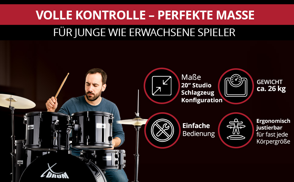 XDrum Rookie 20' Комплект барабанів для студії Black - Ідеальний для початківців - Стильне чорне обладнання - З паличками, інструкцією та школою барабанщиків