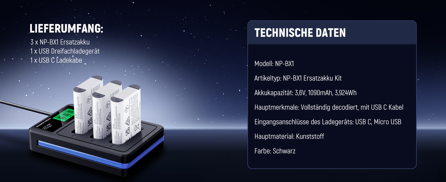 NEEWER 3 шт. Запасні акумулятори NP-BX1 з USB зарядним пристроєм, 1090mAh, сумісні з Sony ZV1, ZV-1 II, RX100, RX100II, RX100M II, HDR-AS15, HDR-AS30