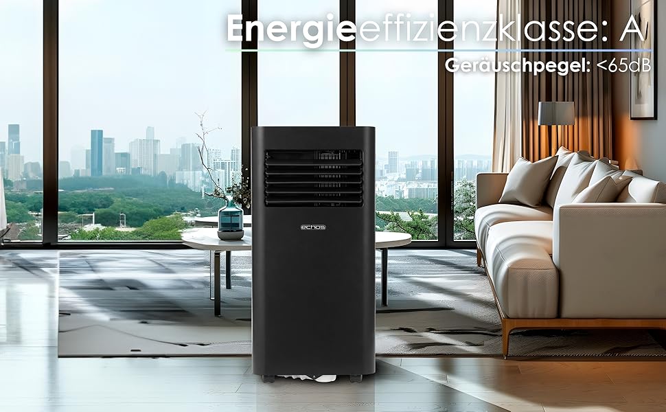 Мобільний кондиціонер Echos 3-в-1 з Wi-Fi, 9000 BTU, з витяжним шлангом, таймером 24h, пультом керування. Функції: охолодження, вентиляція, осушувач.