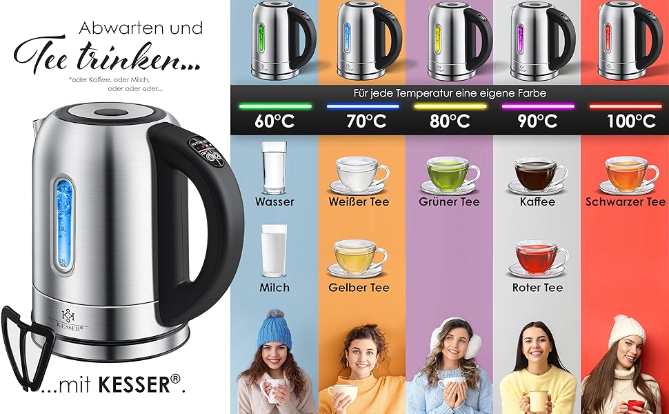 KESSER Stainless Steel Electric Kettle - 1.7L with LED Temperature Display (60-100°C) | Tea Filter, Scale Filter, BPA-Free, 2-Hour Keep Warm