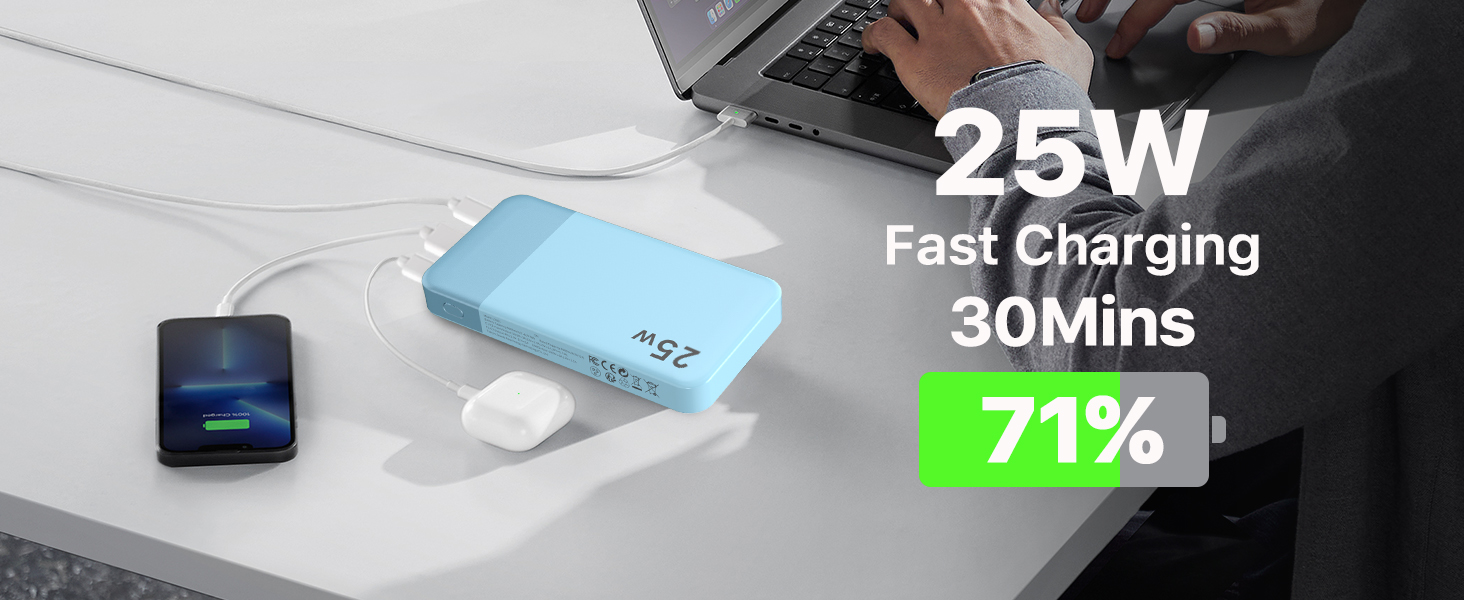 Power Bank NOBIS 10000mAh з цифровою індикацією, 25W, USB-C, блакитний