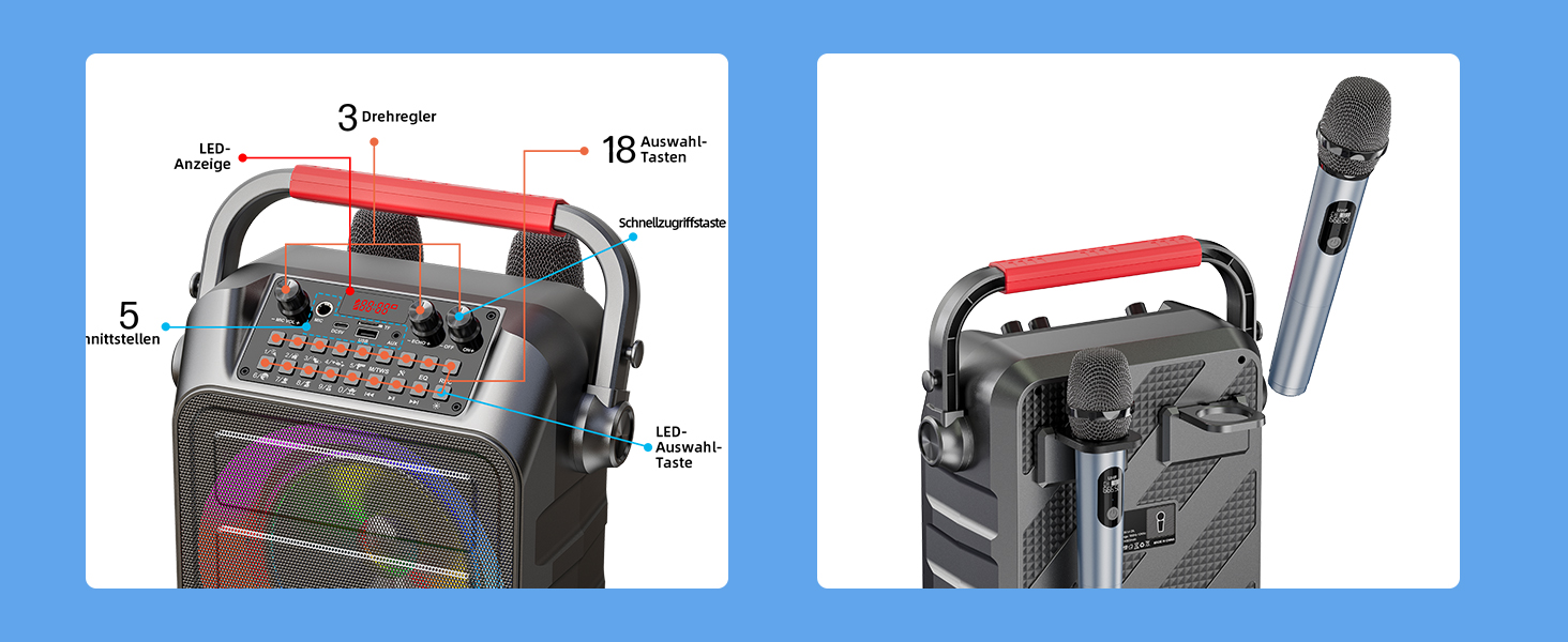 Портативна караоке-машина з 2 мікрофонами та LED-підсвіткою, Bluetooth, AUX, USB, TF, TWS, для вечірок та подарунків (дорослим та дітям)