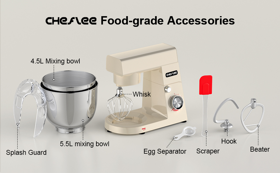 Кухонний комбайн Cheflee 1500W з місткими чашами 4.5 та 5.5L з нержавіючої сталі, 10+ швидкостей, з гаками для тіста, вінчиком та насадками для збивання, з кришкою-розбризкувачем