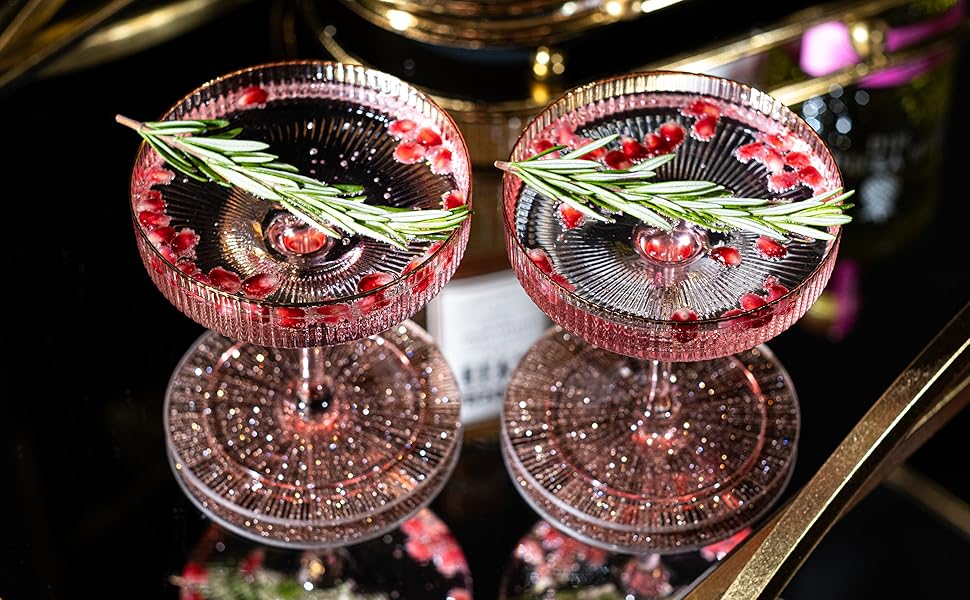 Набір келихів Art Deco з вишуканим рожевим кольором та золотим обідком (4 шт, 200 мл) | Для шампанського, коктейлів (Espresso Martini, Cosmopolitan, Daiquiri) | Скляні чаші для бару Speakeasy