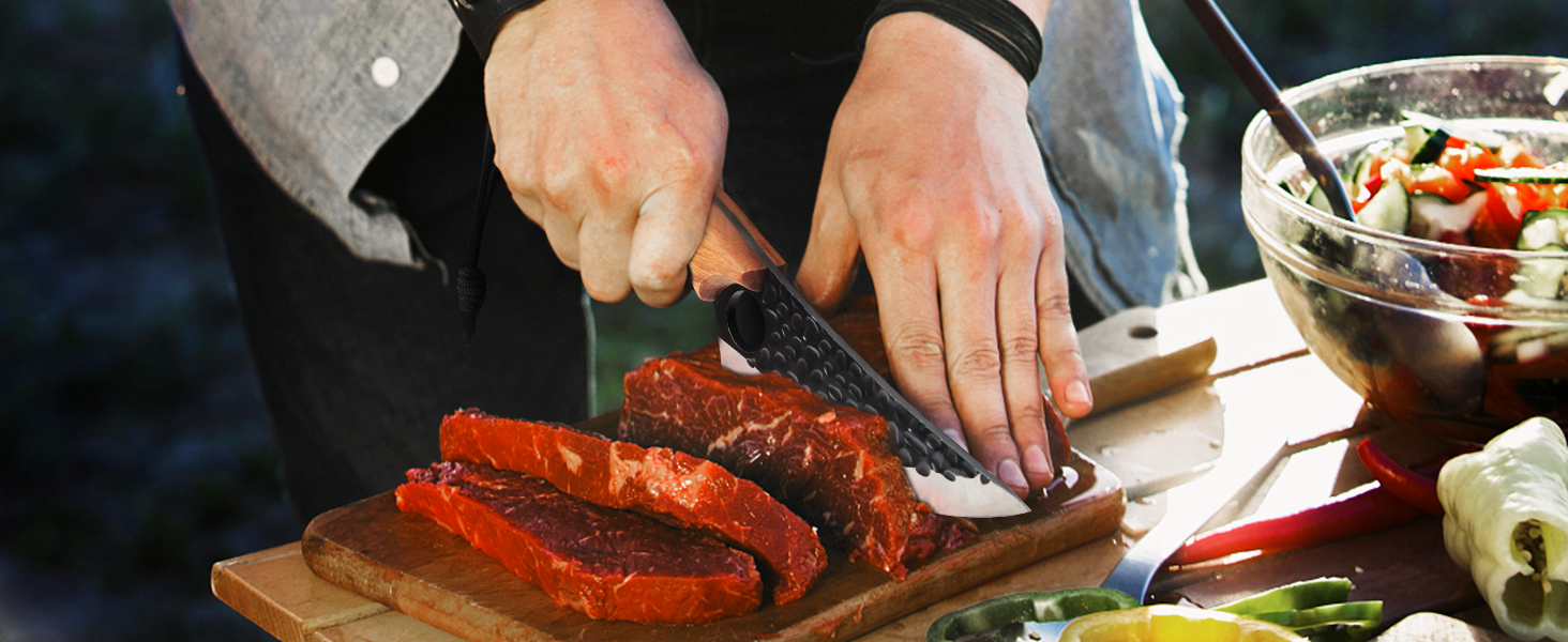 Ніж кухарський OOKUU, м'ясний тесак з точилкою та шкіряною піхвою, професійний ніж для обвалювання, гострі кухарські ножі в японському стилі, тесак для кухні на відкритому повітрі