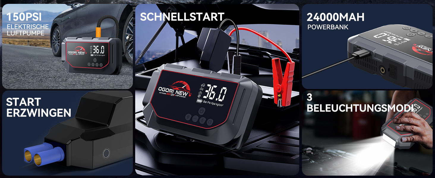 Портативний пусковий пристрій OGORI K33 з компресором 150 PSI та LED ліхтариком для автомобілів 12V (бензин 8L/дизель 10L)