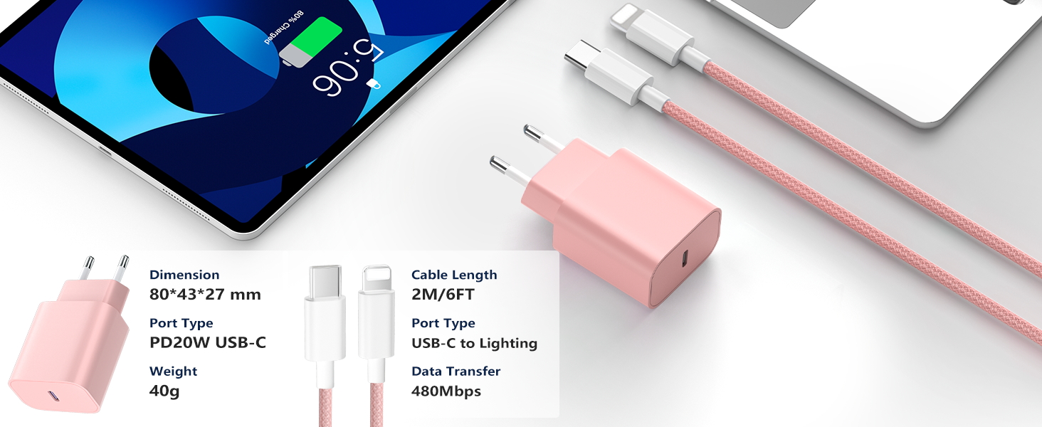 Зарядний пристрій 20W USB-C з кабелем Lightning для iPhone 14/13/12/11/X/XR/XS/Mini/SE - 2 шт. (Синій + Рожевий)