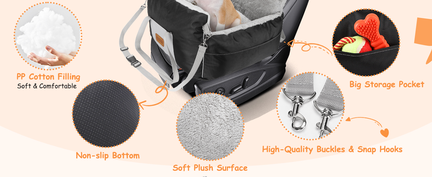 Автокрісло для собак Nobleza - зручне ліжко для маленьких собак з кишенями та змінним матрацом, 58x56x33 см (бавовна, плюш, пластик/метал)