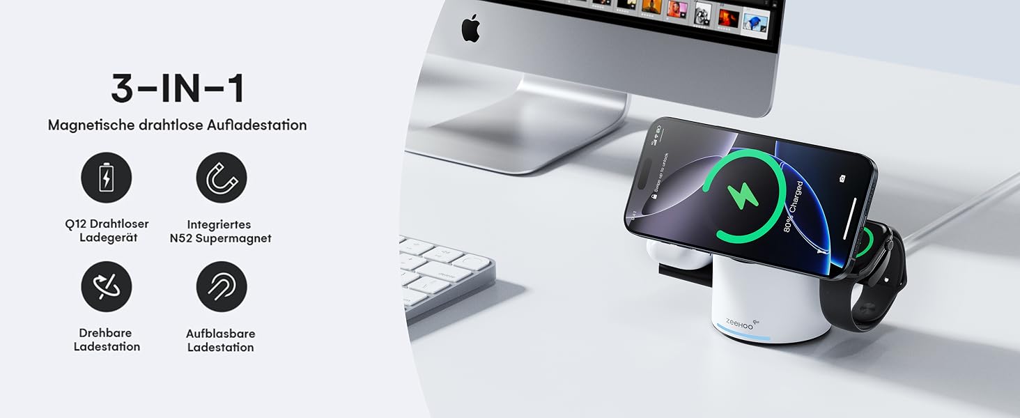 Зарядний пристрій 3-в-1 ZEEHOO MagSafe для Apple: QI2 бездротова зарядка 15W для Apple Watch, iPhone, AirPods (з адаптером 30W) - Білий