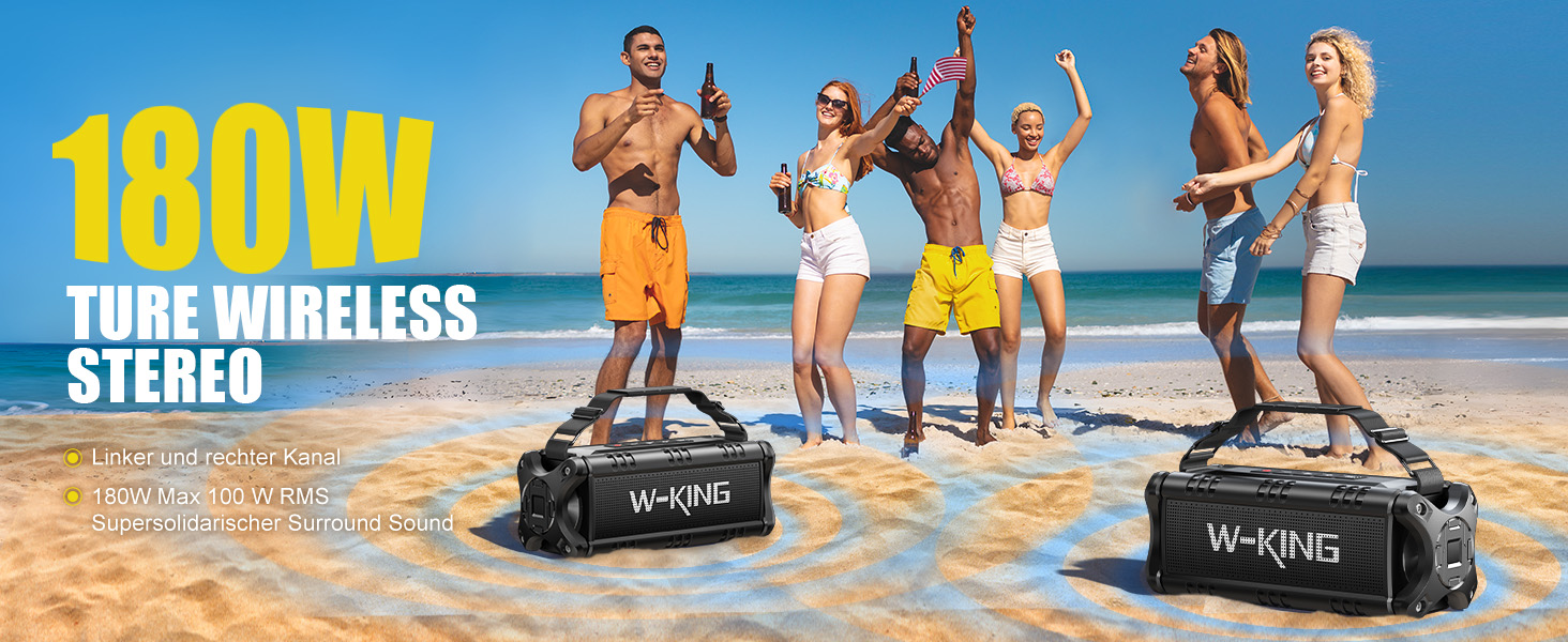 W-KING Портативна Bluetooth Колонка 90W з Глибоким Басом, DSP, 40 годин акумулятора та IPX6 Захистом від Води. Підтримка Powerbank, EQ, AUX та TF-карта. Чорний Колір. Ідеально для кемпінгу, пляжу та саду.