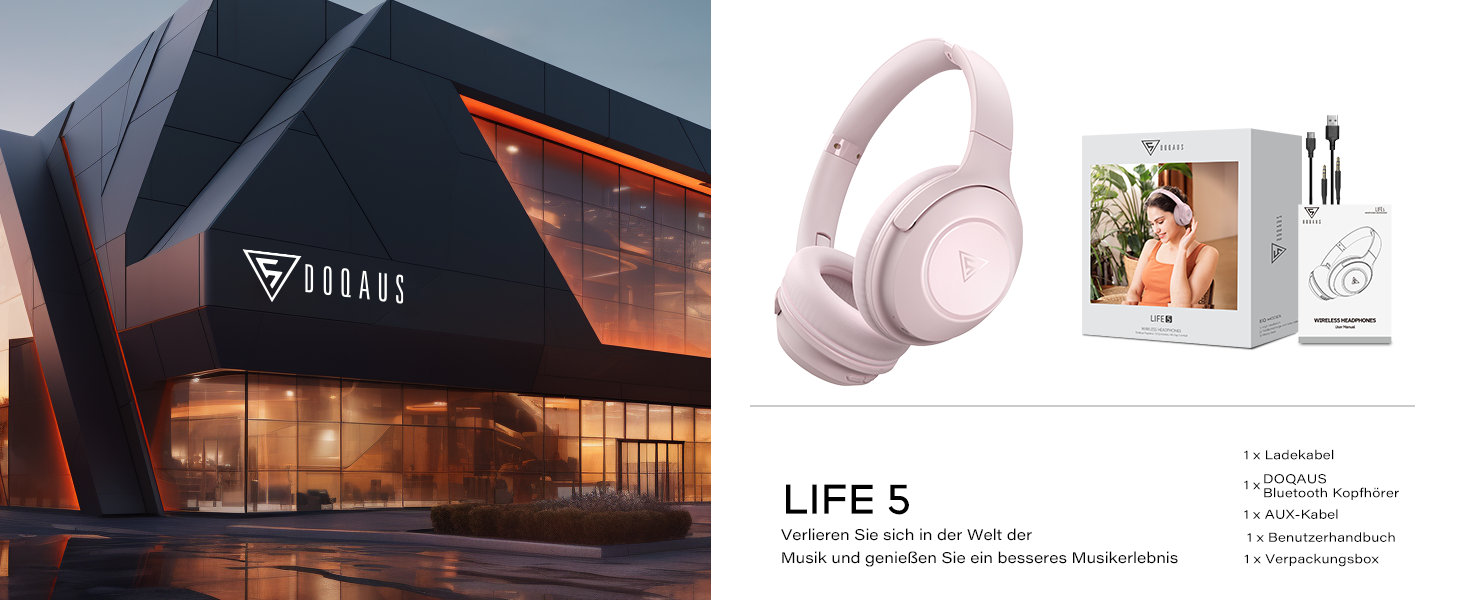 Бездротові навушники DOQAUS Bluetooth з тривалим часом роботи (70 год), Over-Ear, Bluetooth 5.4, Hi-Fi стерео, 3 режими EQ, для подорожей/телефону/ПК (Рожеві)