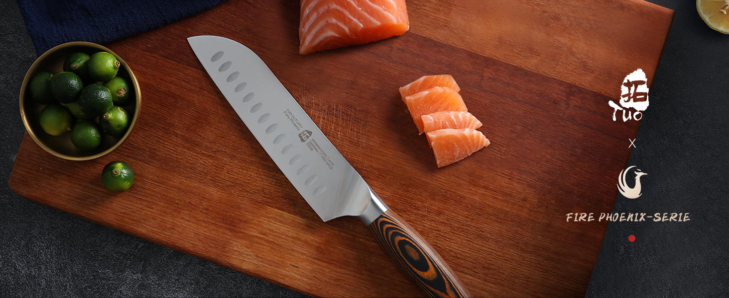 TUO Santoku ніж: професійний японський ніж з нержавіючої сталі, 18 см, ергономічна ручка з паккавуду, серія Fiery Phoenix