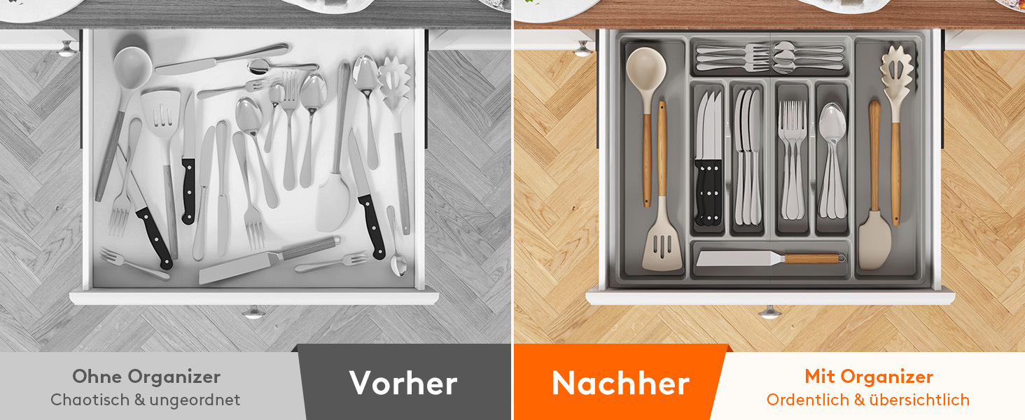 Органайзер для столових приборів Lifewit, 51.6x42 см, для 60 предметів, знімний тримач, пластиковий лоток для ложок, виделок, ножів у шухляду