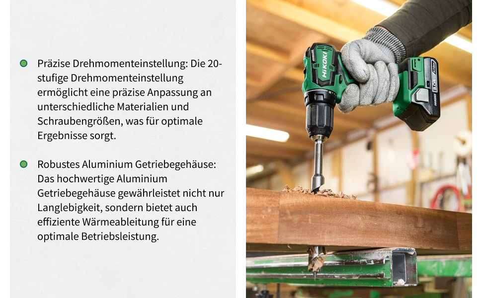 Акумуляторний дриль-шурупокрут HiKOKI DS18DA (18V, Li-Ion, 50 Нм, 20-рівневе регулювання крутного моменту, LED, у транспортному кейсі, з 2x 2.0 Ah акумуляторами та зарядним пристроєм)