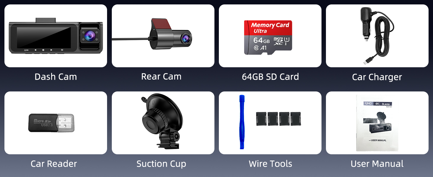 Автомобільний відеореєстратор 3-в-1 (передній, внутрішній та задній), 4K+1080P+1080P, 5GHz WiFi, IPS екран 3.16