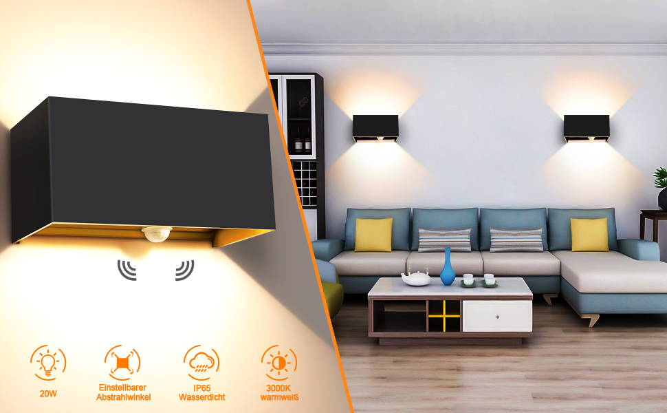 LED-водостійка настінна лампа Kingwen 4 шт. 20W, 3000K, IP65, чорний колір