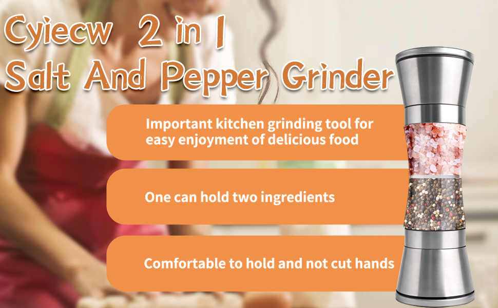 Мельниця для солі та перцю 2-в-1 Cyiecw, ручна, з регульованою керамічною млиночкою, з можливістю поповнення, нержавіюча сталь, срібна