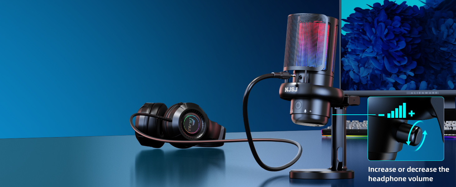 Мікрофон для ПК NJSJ Gaming RGB, для стрімінгу та запису, USB, сумісний з PS4/PS5/Mac, з регулятором гучності, чорний