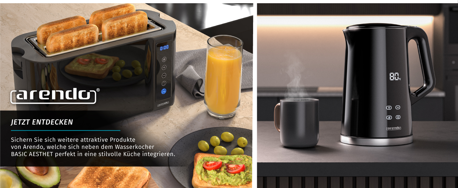 Електричний чайник Arendo з регулюванням температури, нержавіюча сталь, подвійні стінки Cool Touch, дисплей, бездротовий, 2200 Вт, 1,7 л, захист від перегріву, функція підтримки тепла, чорний