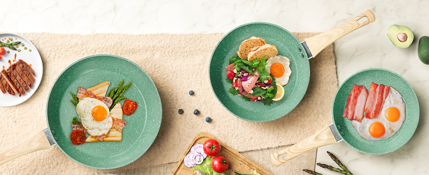 Набір сковорідок Innerwell з кришкою 3 шт. (20 см, 24 см, 28 см), індукційні сковороди з керамічним антипригарним покриттям, для професійного використання, сумісні з духовкою, без PFOA, придатні для миття в посудомийній машині, м'ятно-зелені