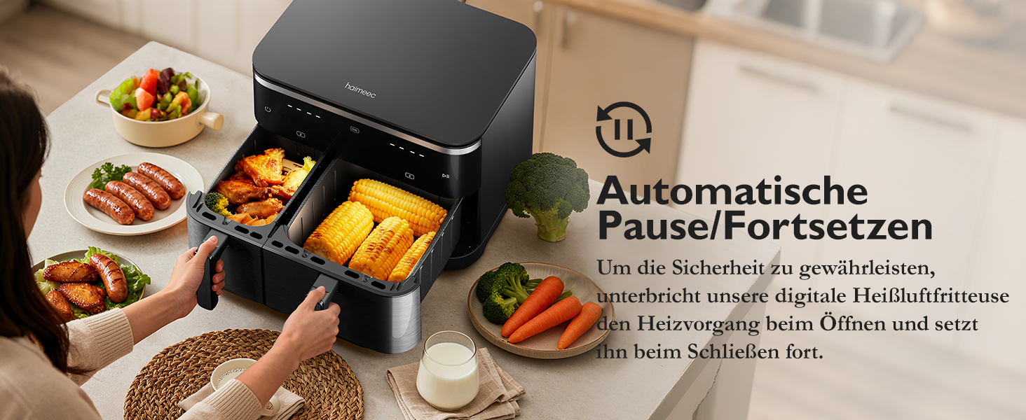 Електрична фритюрниця повітряна 11л, 2 камери з грилем, 10-в-1, без олії, з нагадуванням про струшування <60дБ, з антипригарним покриттям, 78 рецептів