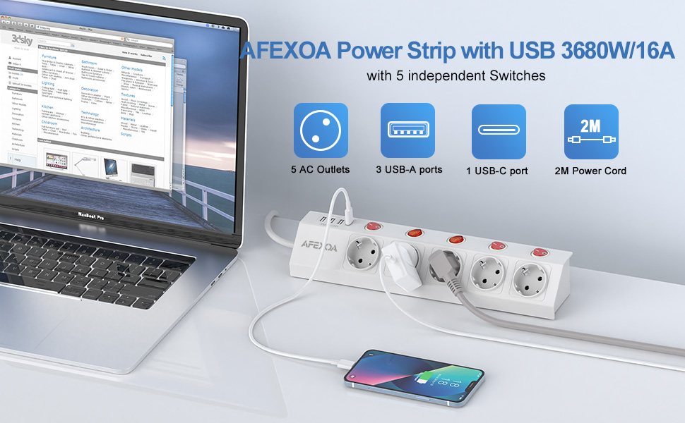 Мережевий фільтр 5-портовий з USB, індивідуальне вмикання, білий (3680W/16A) з 2 USB-C та 2 USB-A, швидка зарядка, захист від перенапруги, дитячий захист для офісу
