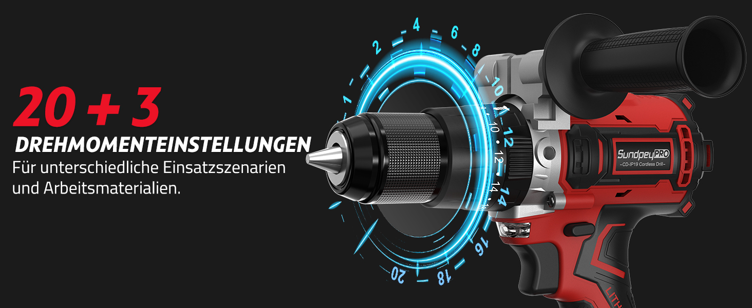 Акумуляторний дриль-шуруповерт SundpeyPRO 21V з перфоратором, 120 Нм, безщітковий двигун, комплект з 2 x 4000mAh акумуляторами, 20+3 ступені крутного моменту, LED-підсвітка