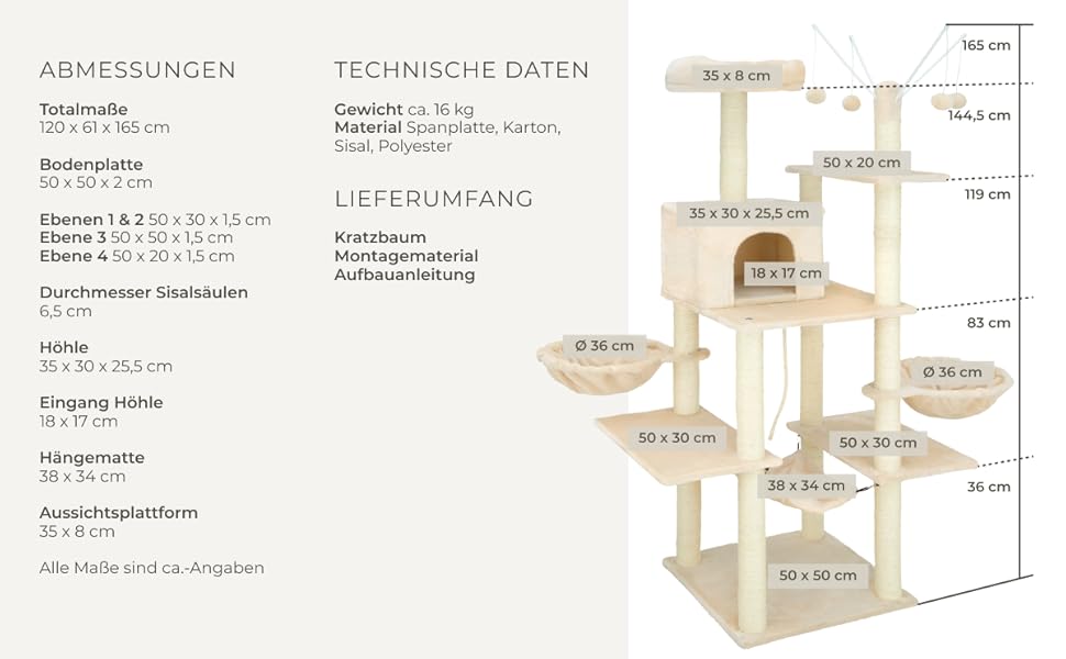 Тектейк® Крізьоверх XXL для котів, великий, з аксесуарами: лежанки, гамак, будиночок, іграшки, мотузка з сизалю, ствол для дряпання, котячий комплекс, котячий дряпкач, висота приблизно 165 см - сірий (Бежевий | № 402932)
