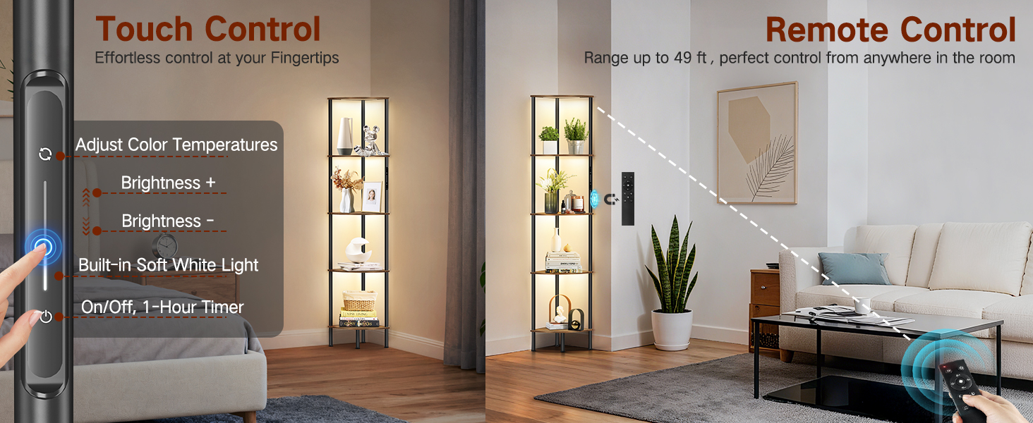 Стійка лампа OUTONLIFE з полицями, LED, 3 режими, регулювання яскравості, пульт, 5 ярусів, для вітальні, спальні, офісу, колір: Rustic Brown