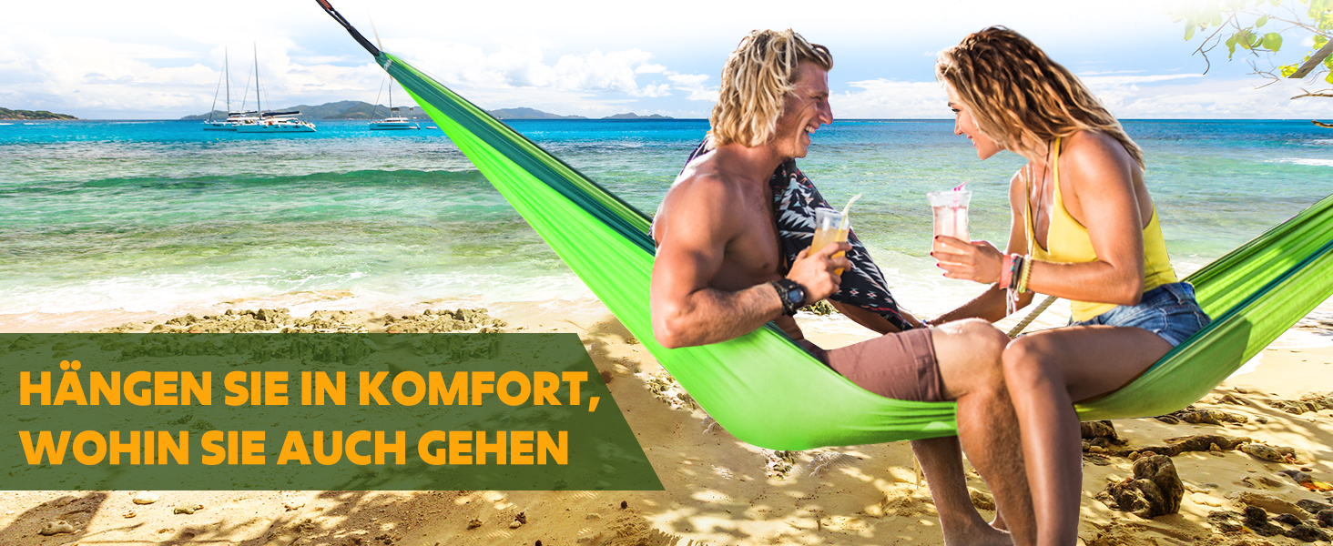 Легка туристична гамак NATUREFUN для кемпінгу | 300 кг вантажопідйомність, 275 x 140 см | Дихаючий, швидковисихаючий нейлон, 2 карабіни, 2 петлі | Для дому, саду, відпочинку на природі