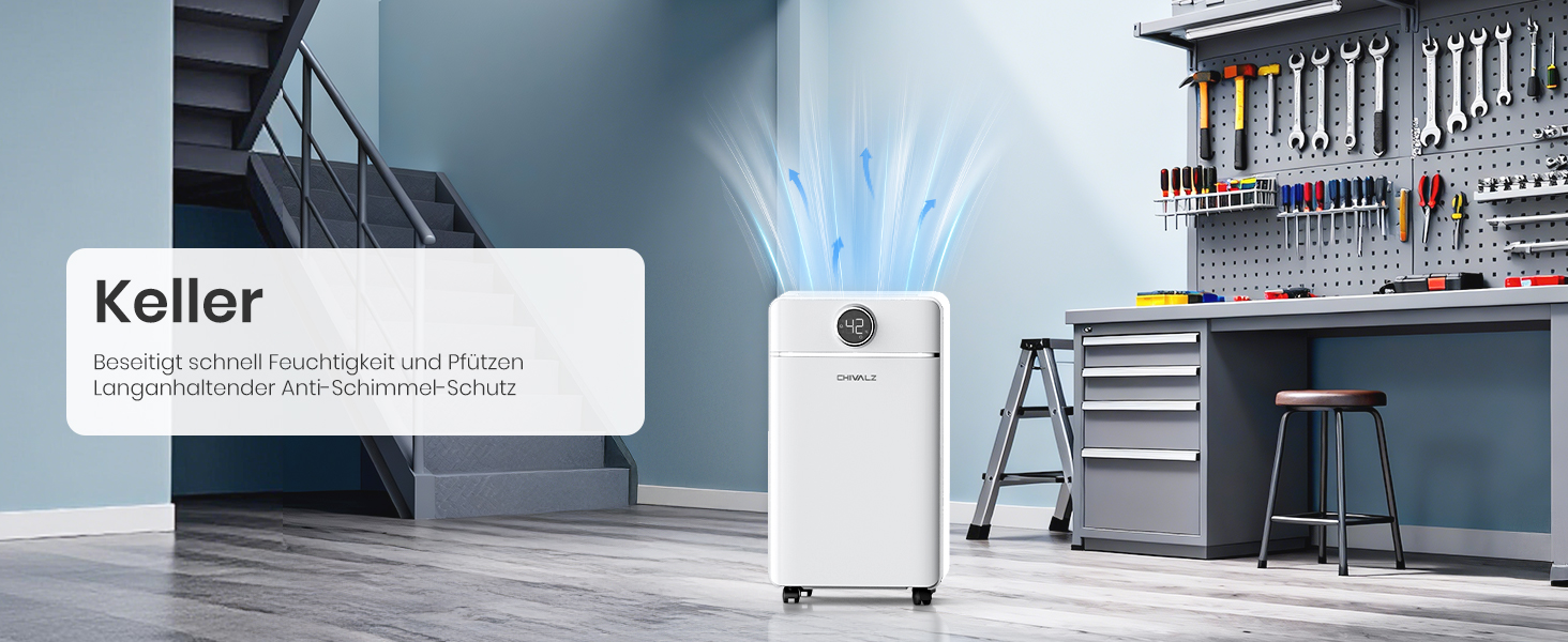 Електричний осушувач повітря CHIVALZ для автомобіля та приміщень до 30 м²/120 м³, 3 режими роботи, таймер 24 год, автоматичне розморожування, енергозбереження, білий