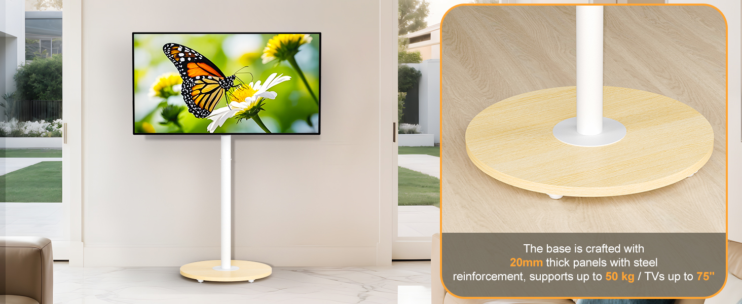 Підставка для телевізора Unho з коліщатками, регульована по висоті, для телевізорів 40-75 дюймів, VESA 600x400 мм, до 50 кг, біла