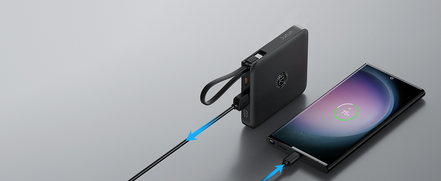 Power Bank VRURC 10000mAh з кабелем: компактний павербанк USB-C, швидка зарядка 22.5W, LED-дисплей, сумісний з iPhone, Huawei (зелений, чорний)