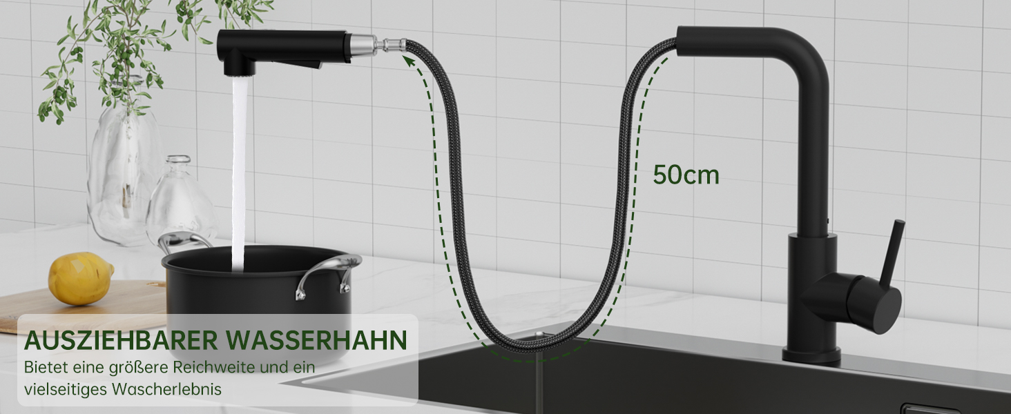 Змішувач кухонний DAYONE з висувною лійкою, нержавіюча сталь, 3 режими, поворотний на 360°, для кухонної мийки (15 см), матовий чорний