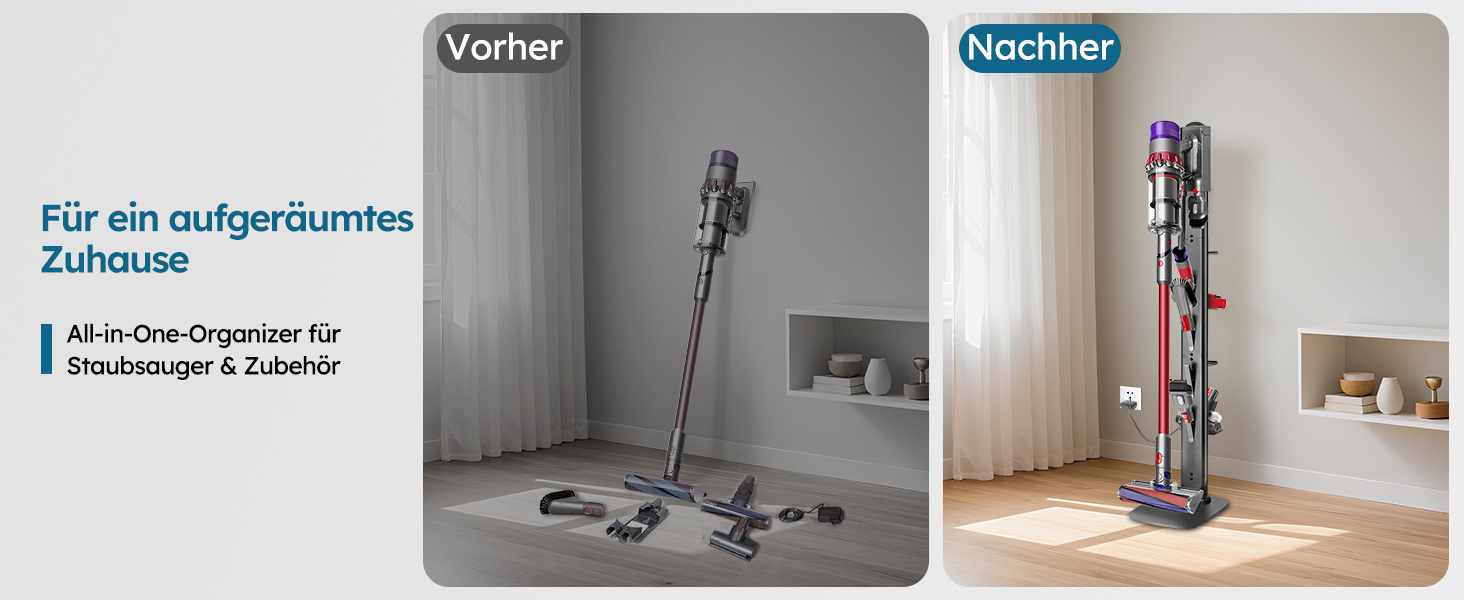 Підставка для пилососів Dyson G5, V15, V12, V11, V10, V8, V7, V6, металева з 4 гачками та 4 полицями, без свердління, стійка, підлогова, приховане кріплення кабелю, темно-сірий