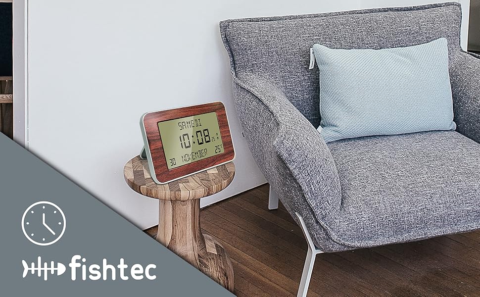 Цифровий настінний годинник-будильник FISHTEC з календарем, великою LED-індикацією, відображенням дати, дня, часу, температури, 2 будильниками, дерев'яний дизайн, 24x14 см