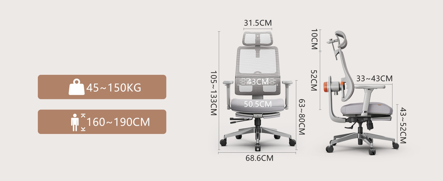 Офісне крісло Newtral MAGICH-PRO з підніжкою, ергономічне, з динамічною підголівником та поперековою підтримкою (сірий)
